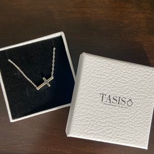 Tasiso Side Ways Cross Necklace, 16.5” Silver